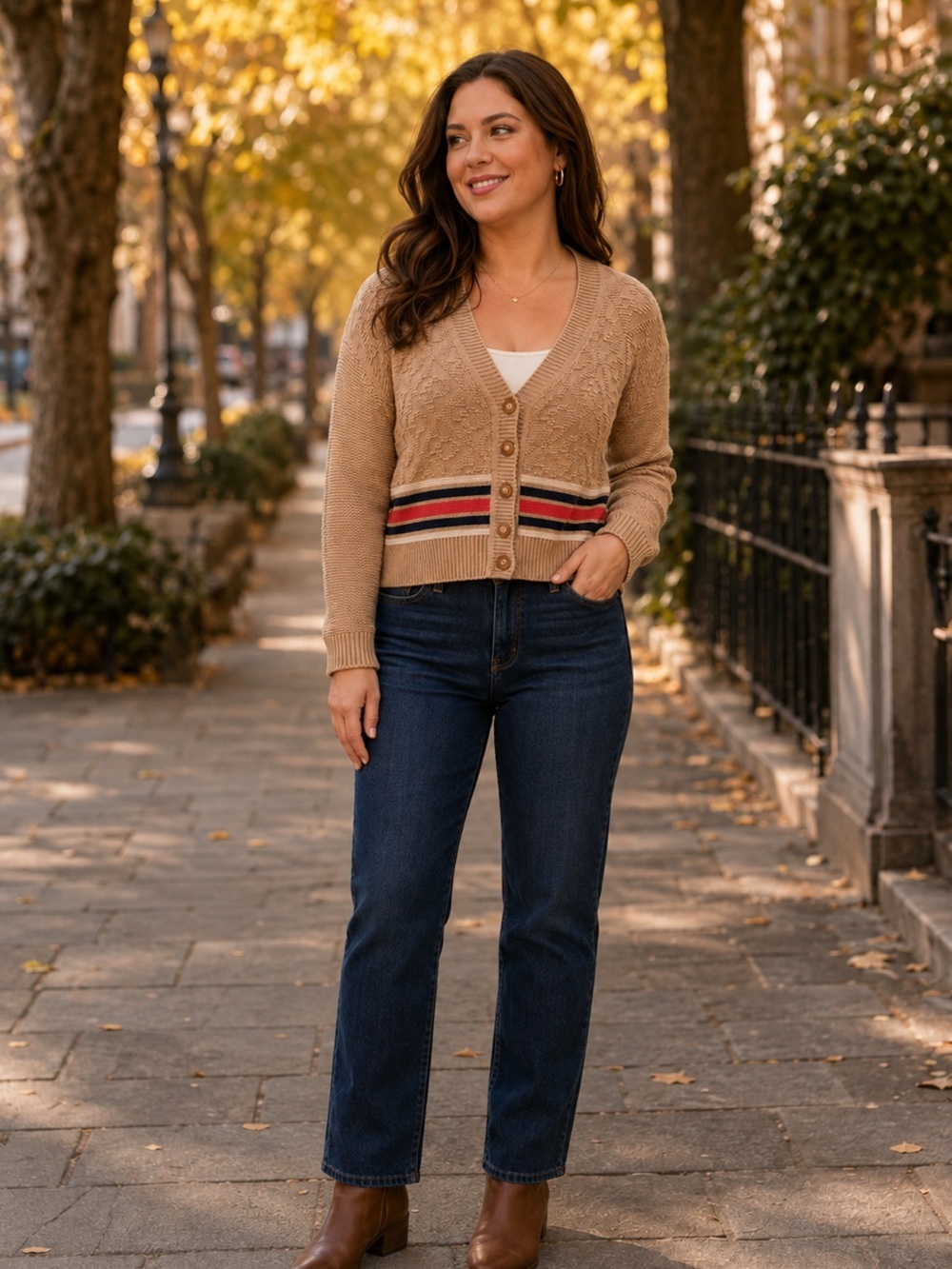Gucci Beige Cardigan with Red and Navy Stripe Detail